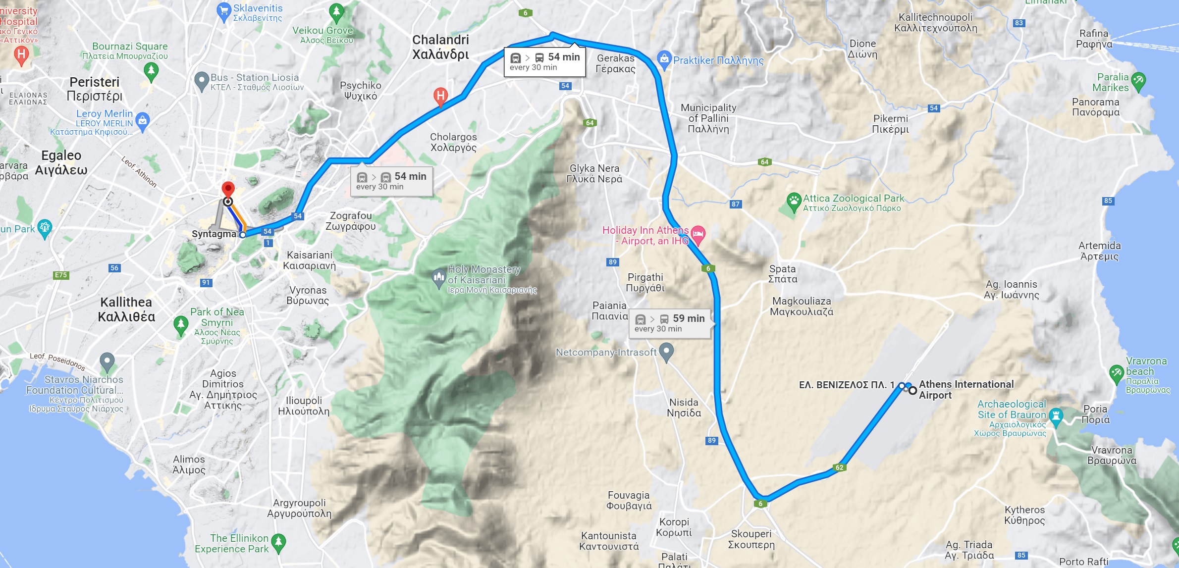 A map of the metro route from the airport to Hotel Titania.