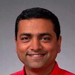 Image of Raja Kushalnagar who is an Asian Indian man leaning on a brick wall, wearing a blue shirt